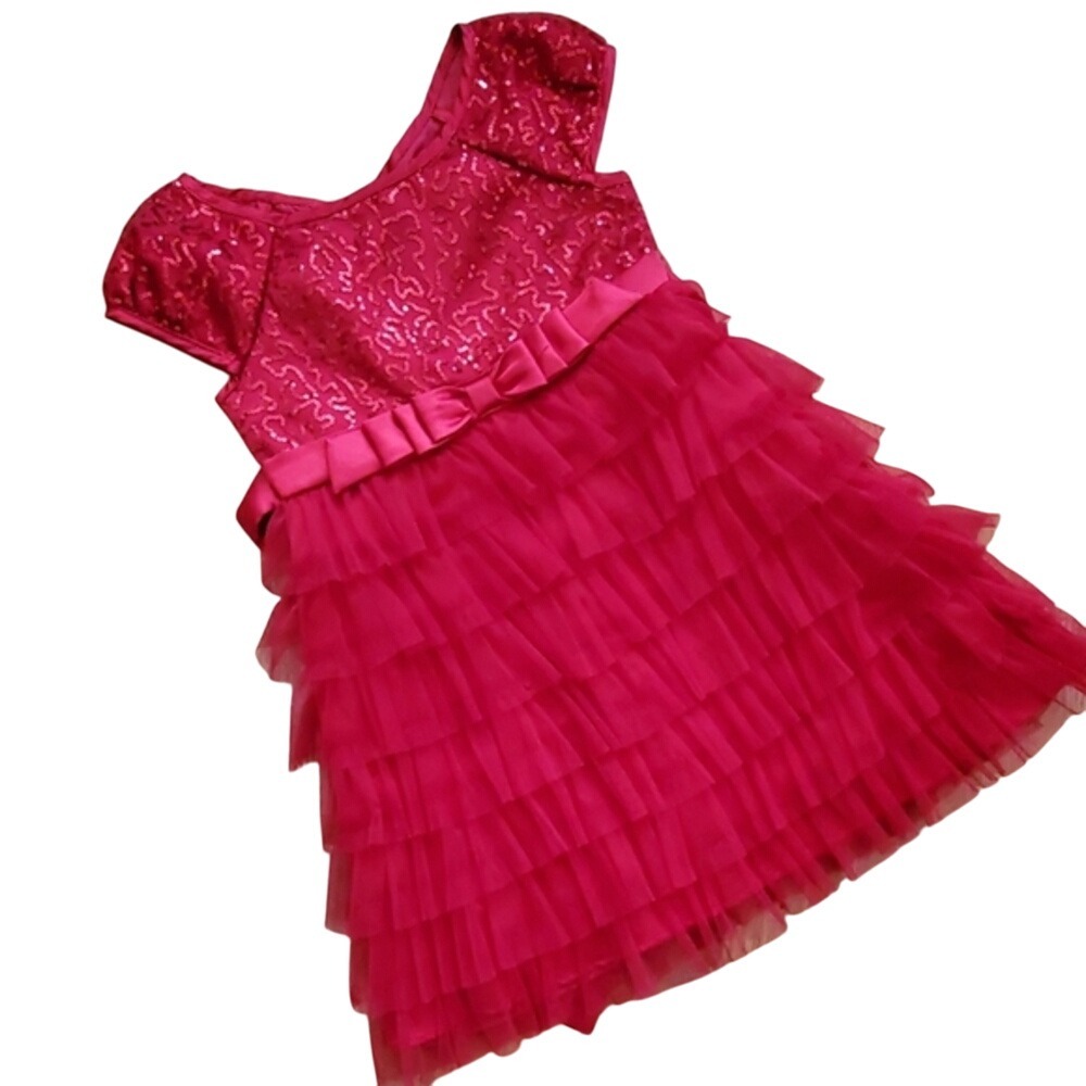 Jona Michelle Girls Red Sequin‎ and Mesh Ruffle Formal Dress Size 5